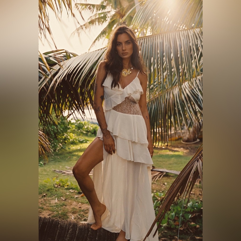 NWT Ivory Lace Inset Ruffle Maxi Dress